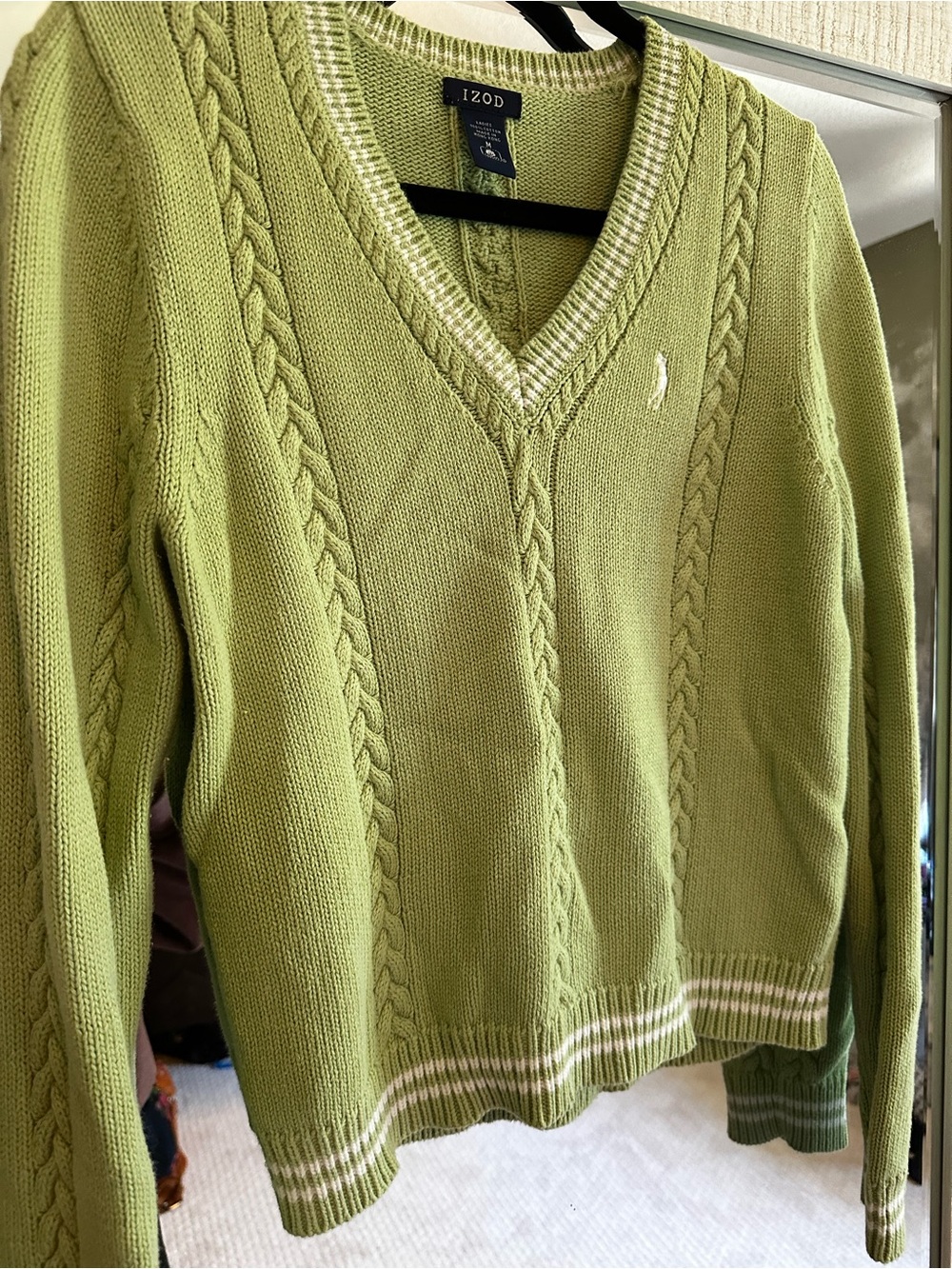 Y2K IZOD Green 100% Cotton Cable-Knit V-Neck Sweater - Picture 5 of 5